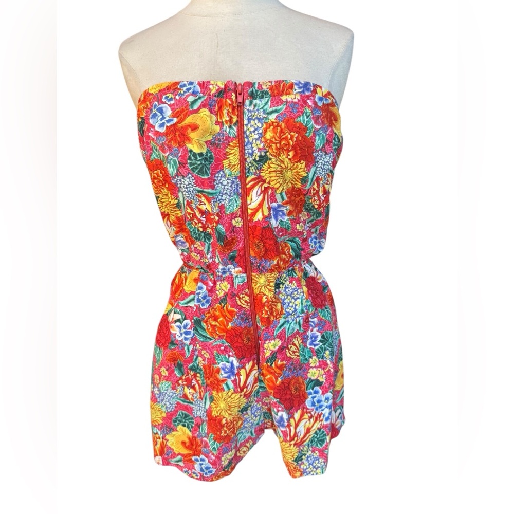 1990s/Y2K Grey Antics Hawaiian Print Front Zip Hip Pockets Cotton Blend Romper‎